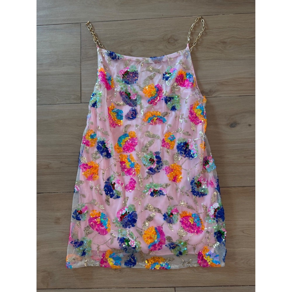 Pink Floral Sequin Mini Dress Gold Chain Straps Multi Color Party Shift Large
